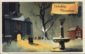 Happy New Year People, Church and a Fountain Vintage Postcard C220