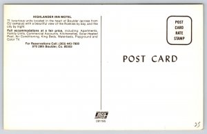 Roadside~Boulder Colorado~Highlander Inn Motel~Sign~Pool~Flowers~1950s Postcard