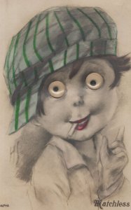 Matchless Boy Smoking With Real Moving Eyes Comic Old Postcard