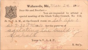 Freemasons Meeting to Agitate Building a Hall c1910 Walkersville MD Postcard S52