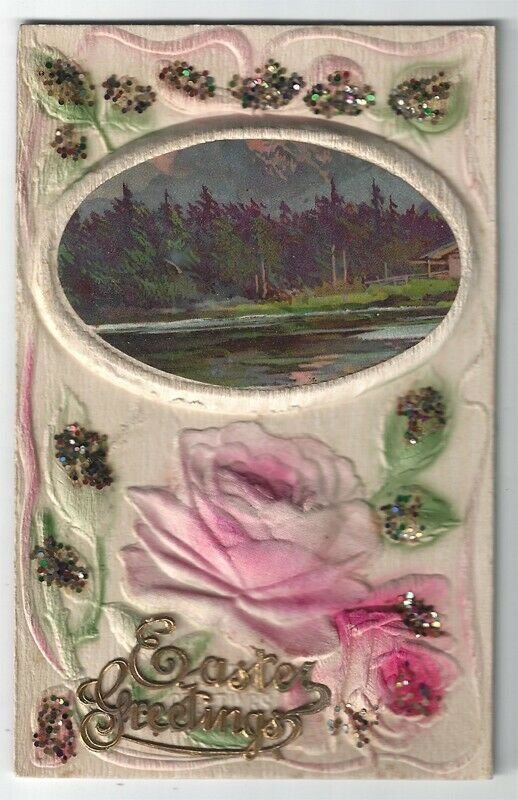 Vintage Easter Greetings Postcard,  A Country Scene, Pink Roses, Airbrush