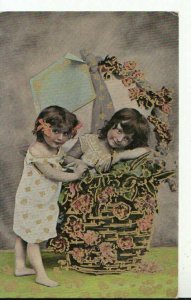 Children Postcard -Two Little Girls - One in a Basket - Ref TZ9992