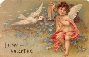 F81/ Valentine's Day Love Holiday Postcard c1910 Cupid Telephone Dove 4