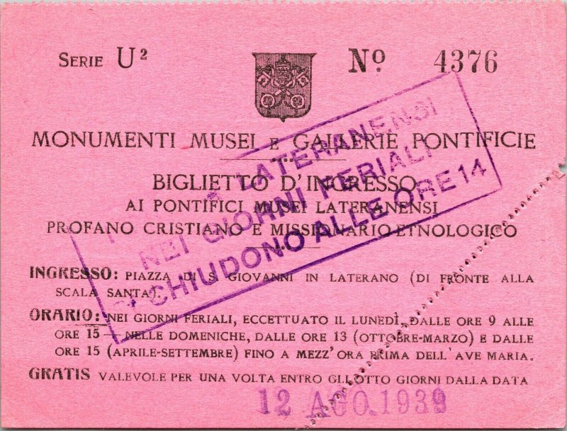 1939 Entrance Ticket Pontifical Museums of Nensi Piazza di San Giovanni Rome
