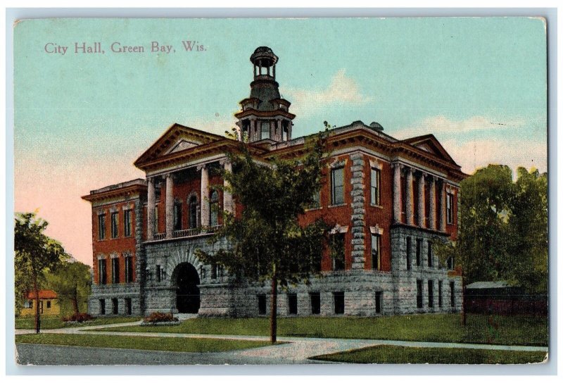 Green Bay Wisconsin WI Postcard City Hall Building Exterior Trees c1910s Antique