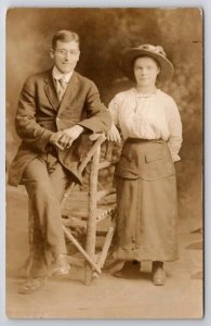 RPPC Couple Portrait Tall Man Short Woman In Straw Hat Real Photo Postcard C41