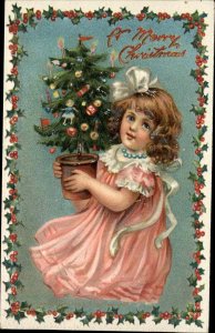 Tuck Christmas Happy Days Little Girl Potted Christmas Tree Decorations c1910 PC