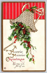 Holly Bell Red & Christmas Greeting So Say We~Stecher Vintage Postcard