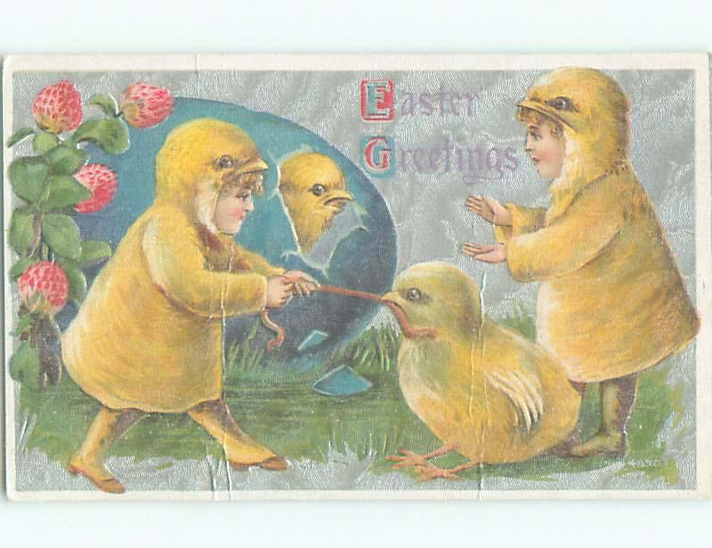 Pre-Linen easter CHICK FIGHTS FOR WORM WITH GIRL DRESSED AS CHICK k2881
