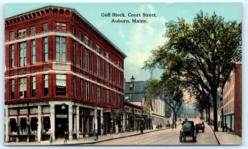 AUBURN, Maine ME ~ Court Street Scene GOFF BLOCK c1910s Postcard