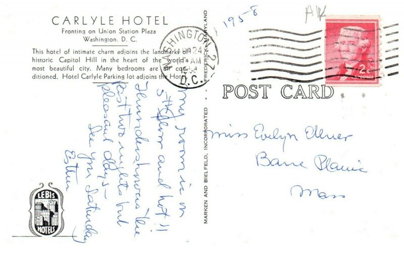 1950's Carlyle Hotel Union Street Plaza Washington D.C. PC1988