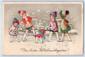 1934 Christmas Children Snowball Fighting Winter Scene Woodhaven NY Postcard
