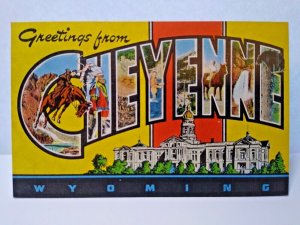Greetings Hello From Cheyenne Wyoming Postcard Large Letter Unused Horse Cowboys