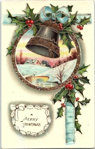 c1915 MERRY CHRISTMAS BELL SNOW SCENE SUTTON NE EMBOSSED POSTCARD 39-269