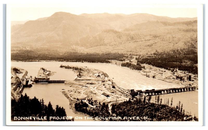 RPPC Aerial View of Bonneville Project on the Columbia River Real Photo Postcard