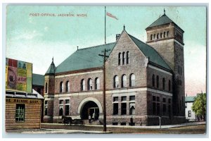 c1910 Post Office Horse Buggy Building Flag Entrance Jackson Michigan Postcard