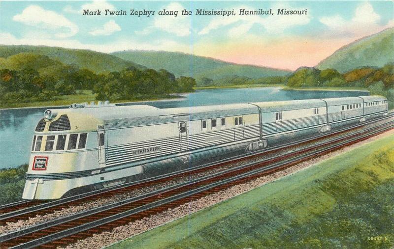 Mark Twain Zephyr Train Mississippi Hannibal Missouri Budd Burlington Postcard