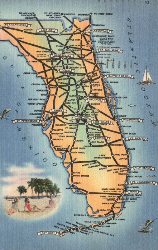 Vintage Postcard 1956 View of Map Cities Beaches of Beautiful Florida FL