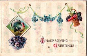 Vintage Postcard Thanksgiving Greetings Turkey Flowers Basket of Fruit KO9