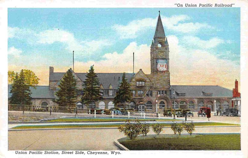 Union Pacific Railroad Depot Cheyenne Wyoming linen postcard