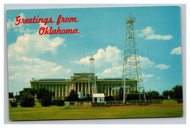 Vintage 1960's Postcard State Capitol Building & Oil Derricks Oklahoma City OK