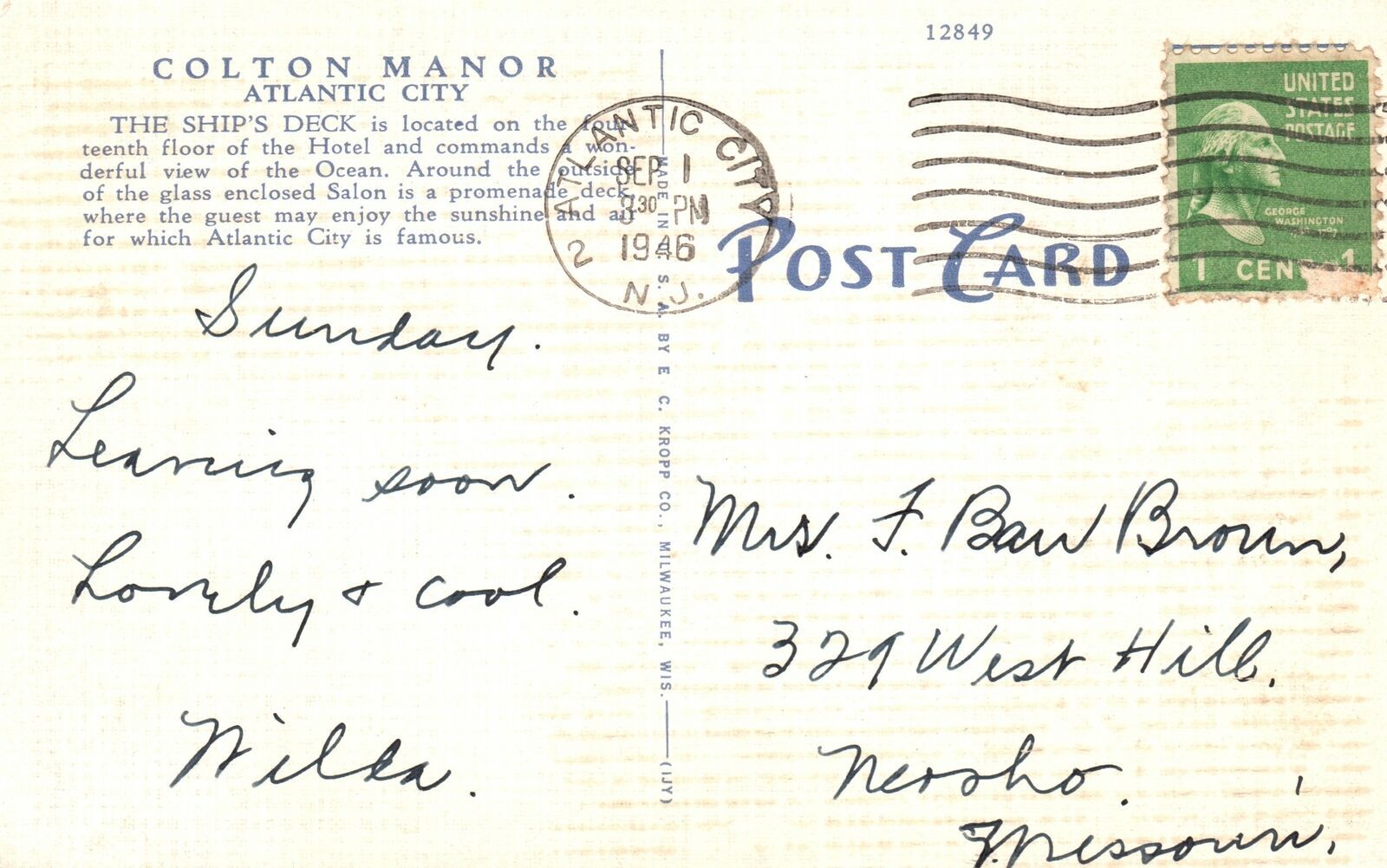 Vintage Postcard 1946 Ship's Deck A'top Colton Manor Atlantic City New