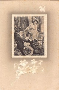 Love Romance Couple Flirting Fisherman Lady embossed flowers postcard B918