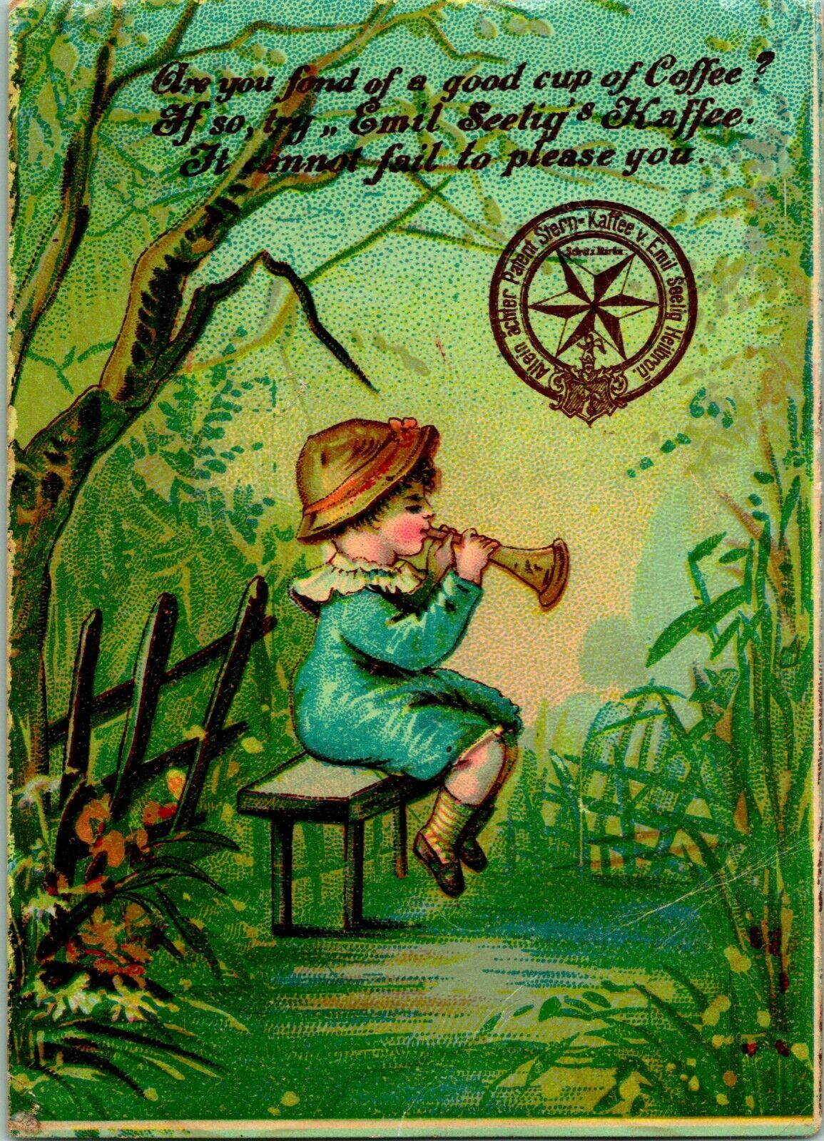 1880's Emil Seelig's Kaffee Victorian Trade Card Boy in Blue With
