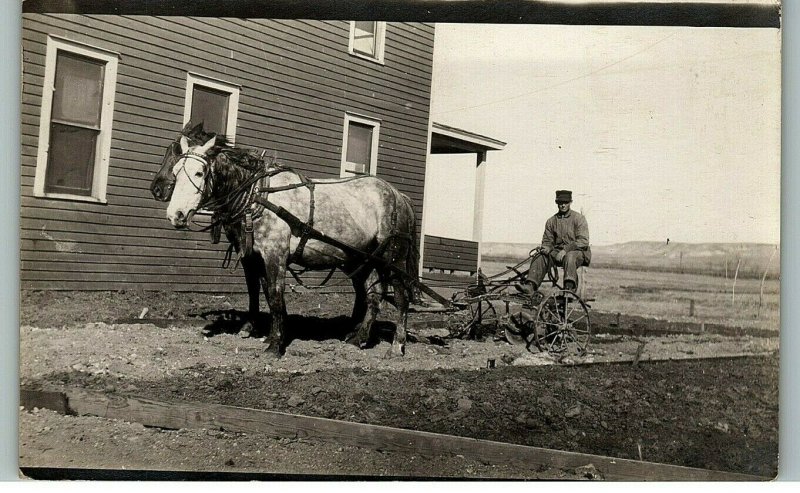 1930s Horse Drawn Plow Man Garden Beside House Real Photo Postcard 6-16 