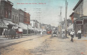 J58/ Sterling Illinois Postcard c1910 Third Street East Trolley Stores  85
