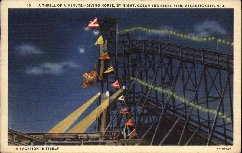 Atlantic City New Jersey NJ Diving Horse at Night Linen Vintage Postcard United States New