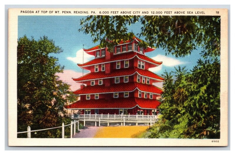 Mount Penn Pagoda Reading Pennsylvania PA UNP Linen Postcard Y10
