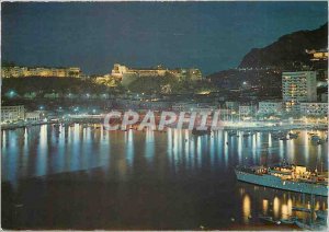 Old Postcard Principality of Monaco Night view of the Rock of Monako Palace P...
