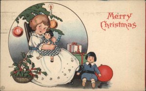 Christmas Stecher Ser 734 E Little Girl with Doll Dolly c1920 Vintage Postcard