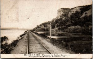 Vtg Maiden Rock Burlington Route Mississippi River Train Railroad Postcard