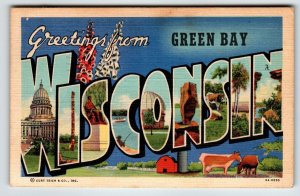 Greetings From Green Bay Wisconsin Large Letter City Postcard Curt Teich 1944