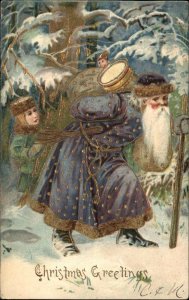 Christmas - Santa Claus Purple Coat in Woods Gilt Embossed c1905 Postcard