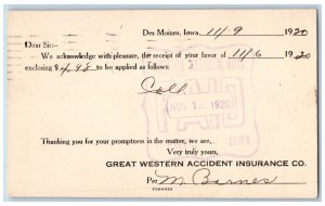 Des Moines Iowa IA Creston IA Postal Card Receipt Great Western Insurance 1920