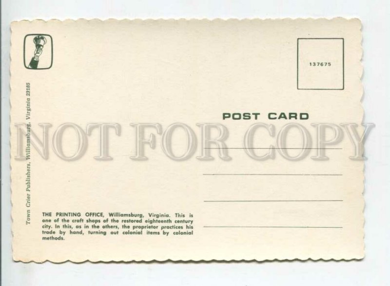 442072 USA Virginia Williamsburg Printing Office advertising Old postcard