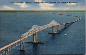 Vintage Unused Linen Postcard-FLORIDA'S Sunshine Skyway Over Lower Tampa Bay a2