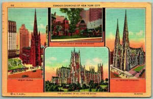 Multiview Churches of New York City NYC NY Linen Postcard I2