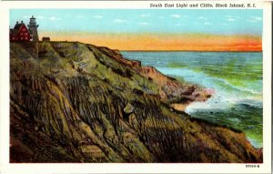 South East Light and Cliffs, Block Island RI Vintage Postcard E62