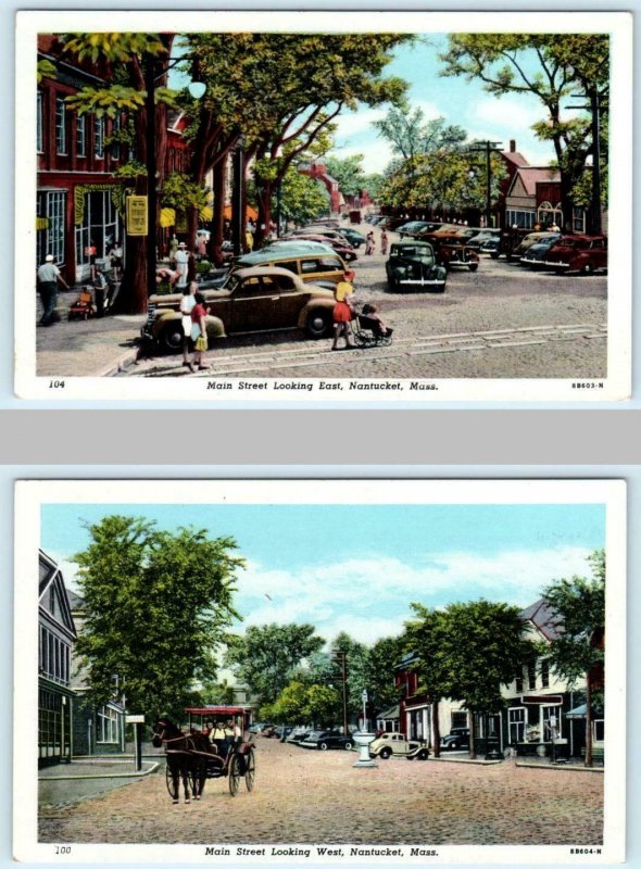 2 Postcards NANTUCKET, Massachusetts MA ~ MAIN STREET Looking East & West 1940s