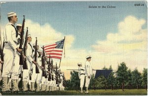 1940s WWII Era U.S. Navy Salute to the Colors Linen Postcard 5-103