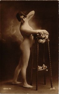 PC CPA RISQUE NUDE FEMALE LADY WITH STAND, VINTAGE REAL PHOTO POSTCARD (b1350)