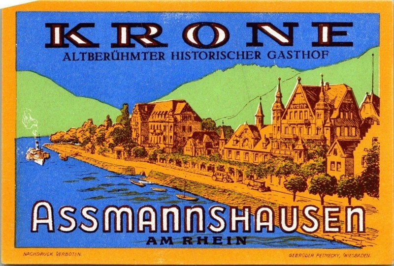 Germany Assmannshausen Hotel Krone Vintage Luggage Label sk4848