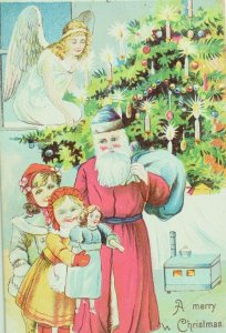 C.1900-10 Germany Embossed Angel Santa Claus Children Tree Vintage Postcard F56