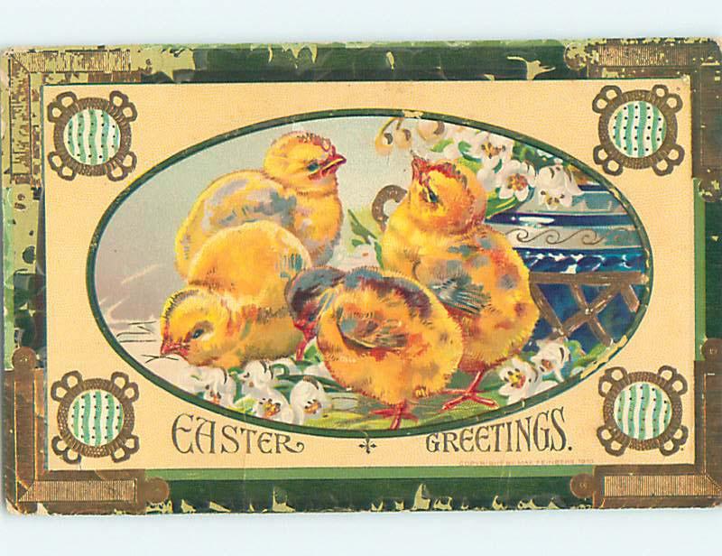 Edge Wear Pre-Linen easter MANY CHICKS BESIDE FLOWER POT hr1802