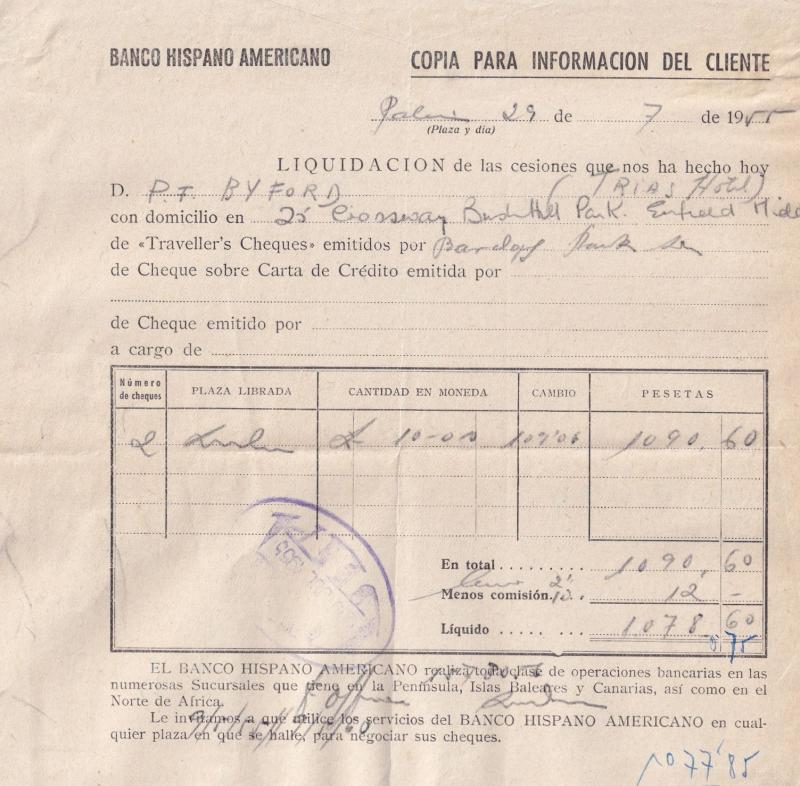 Banco Hispano Americano Spanish Palamos Bank 1955 Travellers Cheques Receipt