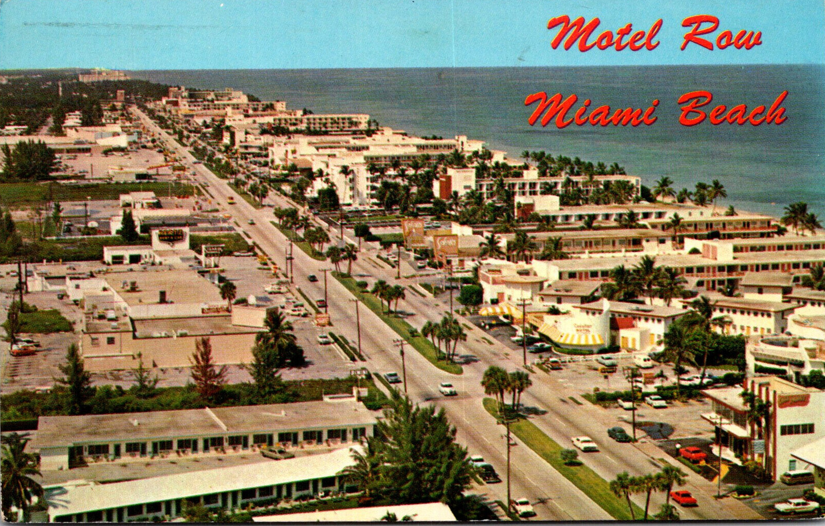 Birdseye View Miami Beach Florida Sands Motel roadside 1950s Postcard pool  7795